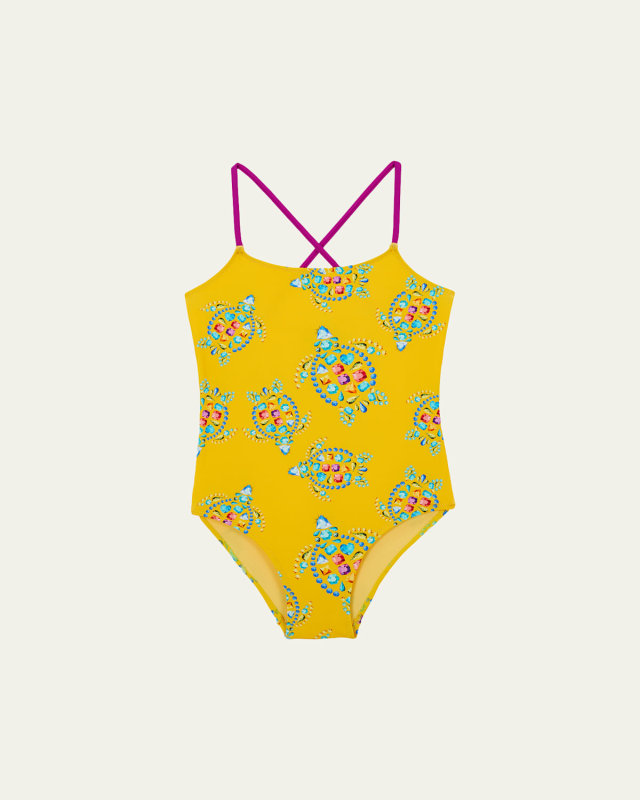 Girl's Vendom Jeweled Turtle-Print Swimsuit, Size 2-1